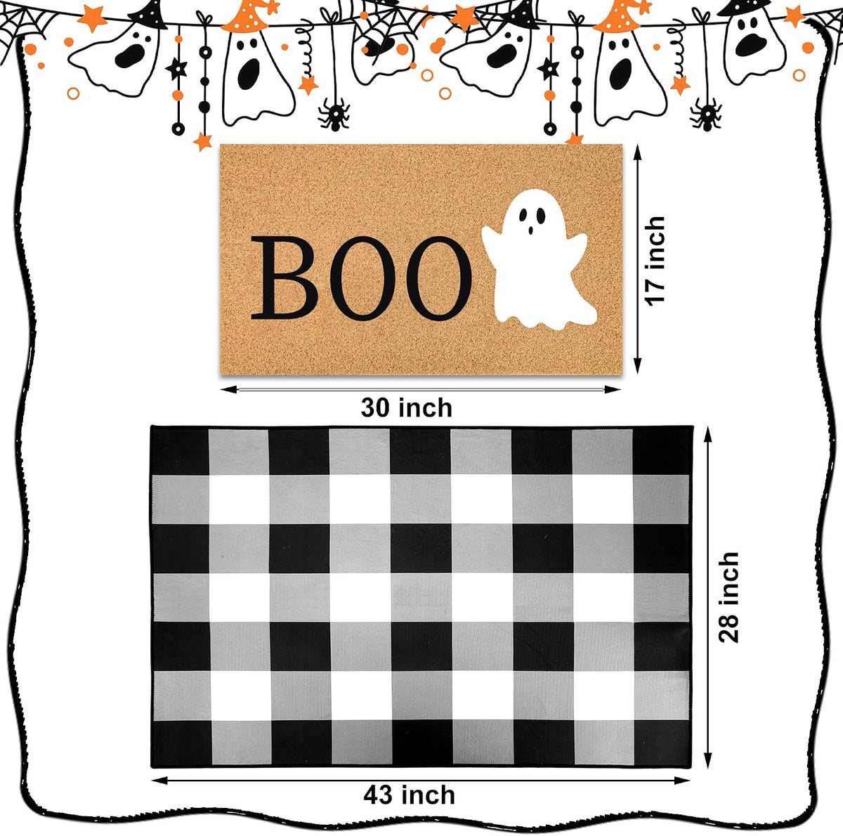 Halloween Door Mat Combo Set – 2 Piece Boo Ghost & Plaid Rug