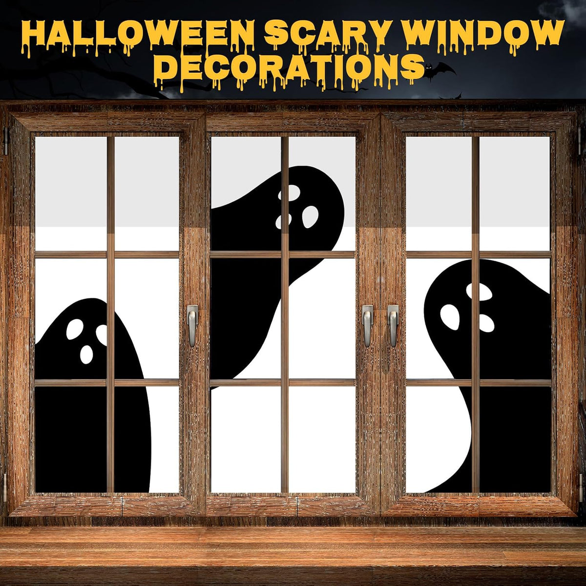 Halloween Boo Window Silhouette Decor – 3 Piece Polyester Fabric Panel Set (Not Illuminated)