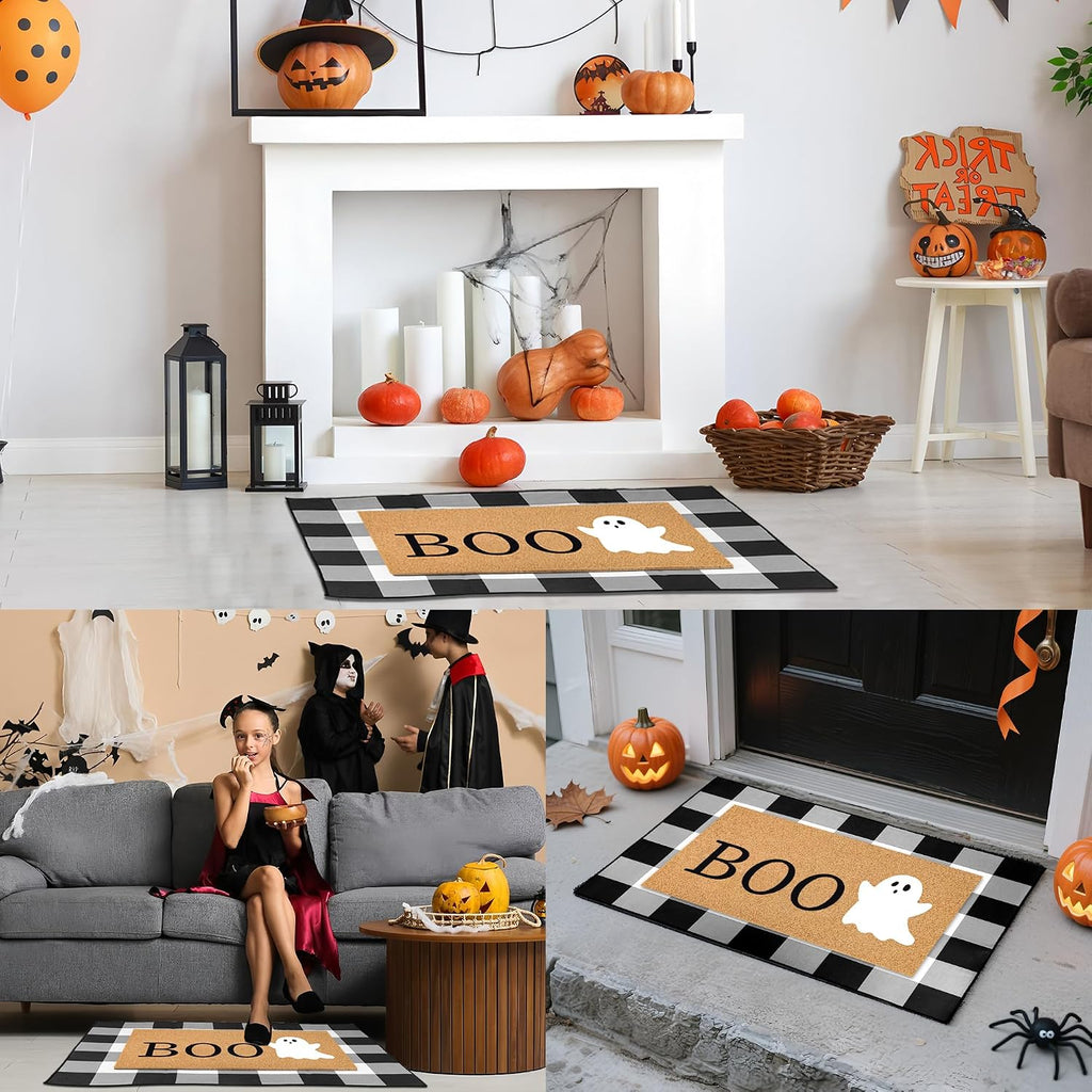 Halloween Door Mat Combo Set – 2 Piece Boo Ghost & Plaid Rug