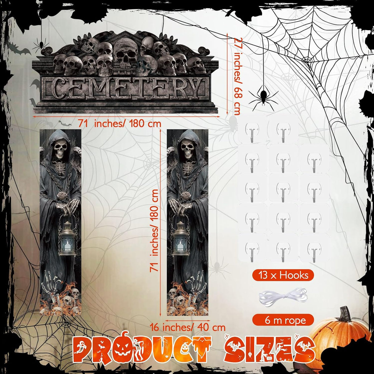 Size chart for the Halloween cemetery door banner set with hooks and rope