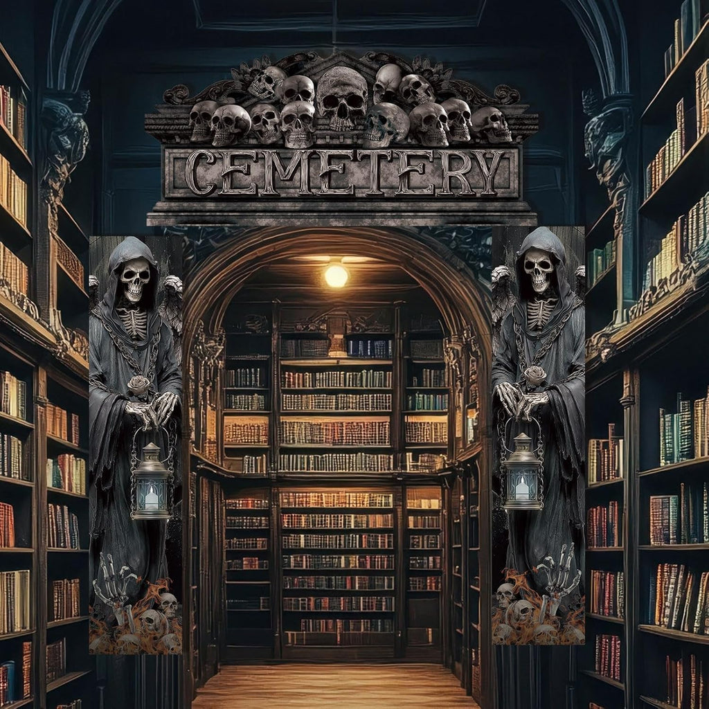 Halloween cemetery banners displayed in a bookshelf archway setting
