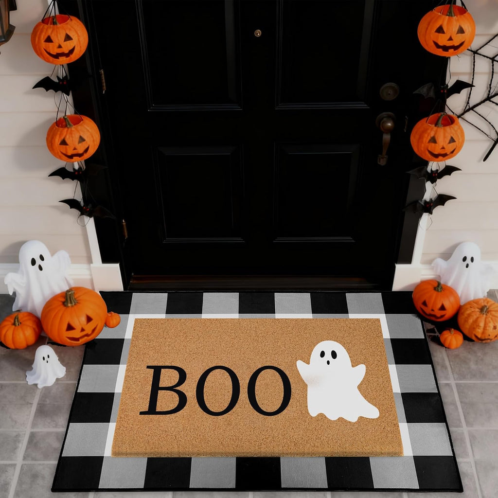 Halloween Door Mat Combo Set – 2 Piece Boo Ghost & Plaid Rug