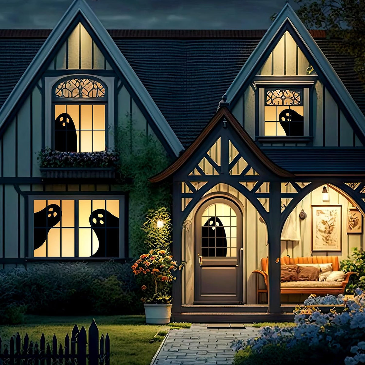 Halloween Boo Window Silhouette Decor – 3 Piece Polyester Fabric Panel Set (Not Illuminated)