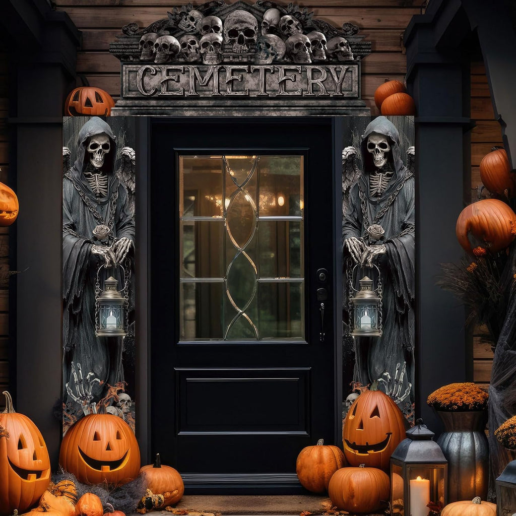 Halloween cemetery door banner set hung on a front door with pumpkin decor