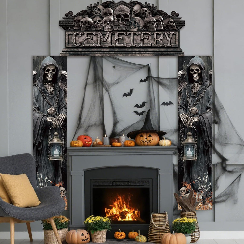Halloween cemetery banners displayed indoors near a fireplace with pumpkins