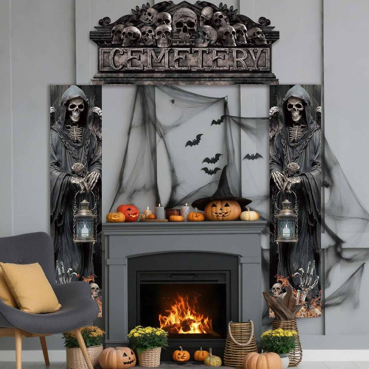 Halloween cemetery banners displayed indoors near a fireplace with pumpkins