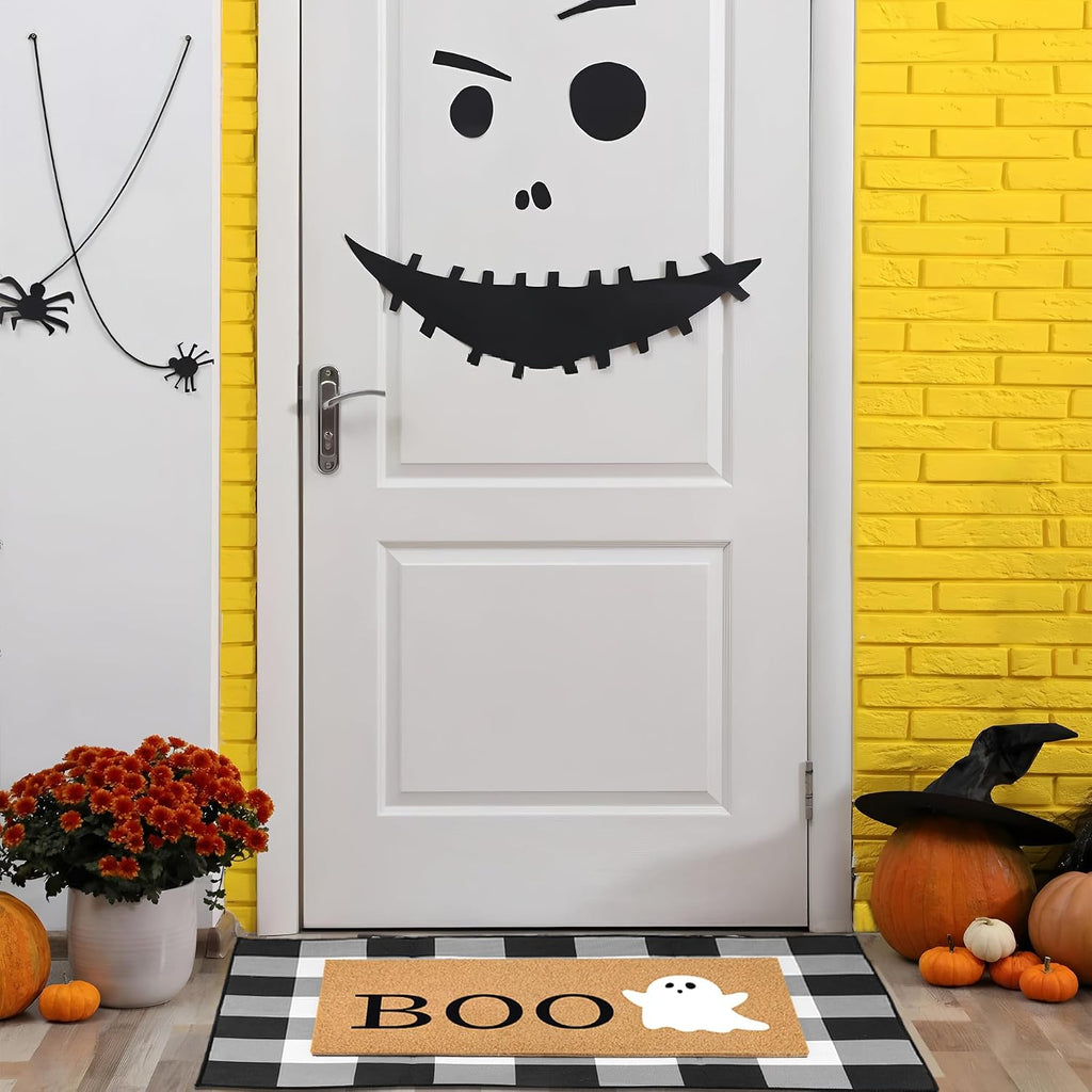 Halloween Door Mat Combo Set – 2 Piece Boo Ghost & Plaid Rug