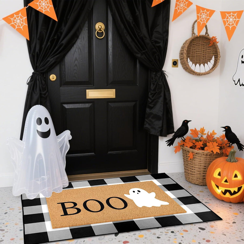 Halloween Door Mat Combo Set – 2 Piece Boo Ghost & Plaid Rug