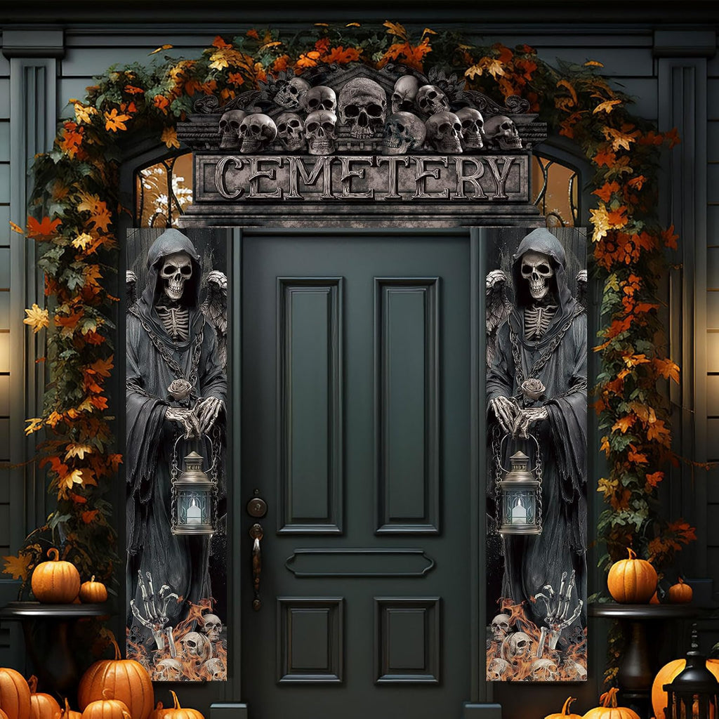 Halloween cemetery door banner set displayed on a porch with autumn decorations