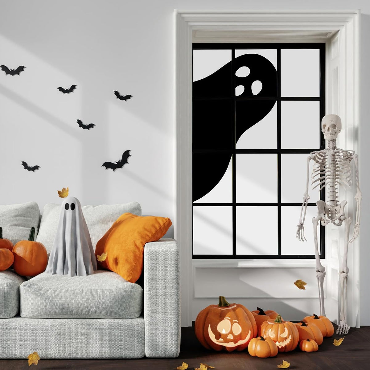 Halloween Boo Window Silhouette Decor – 3 Piece Polyester Fabric Panel Set (Not Illuminated)