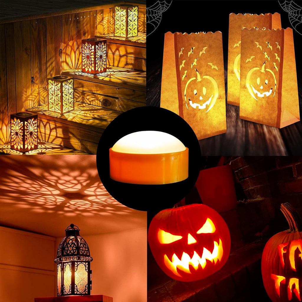 Halloween LED pumpkin lights glowing in an indoor room