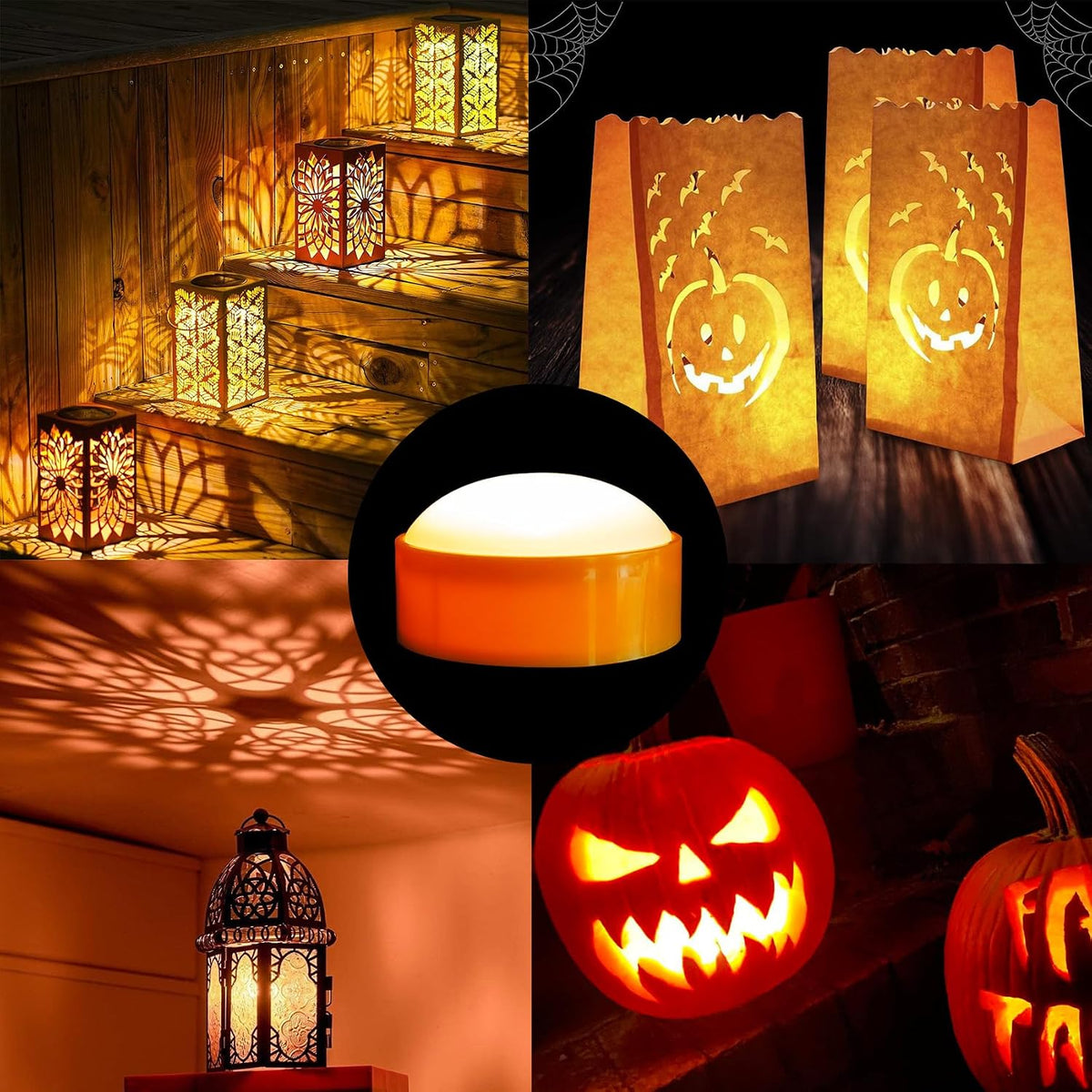 Halloween LED pumpkin lights glowing in an indoor room