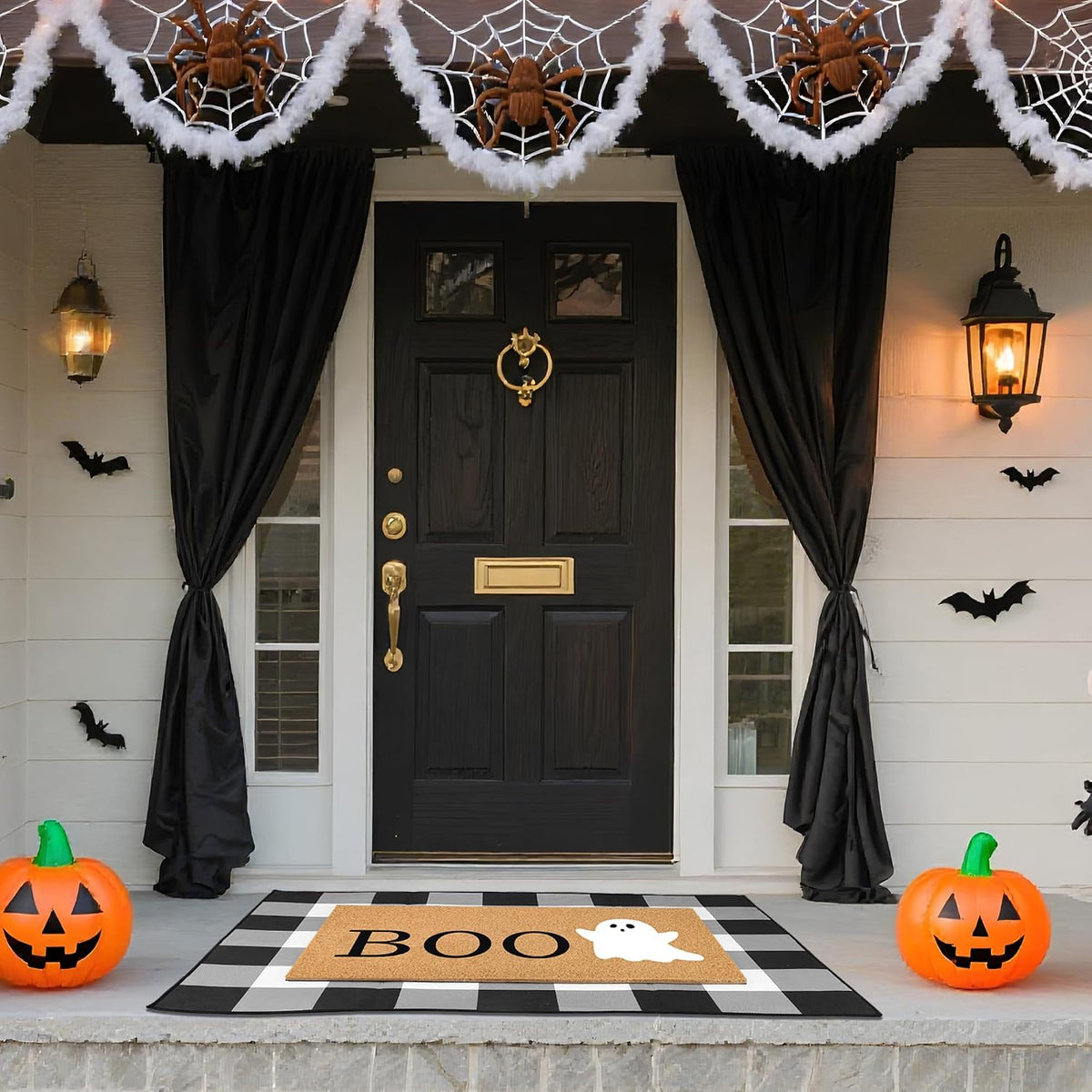 Halloween Door Mat Combo Set – 2 Piece Boo Ghost & Plaid Rug
