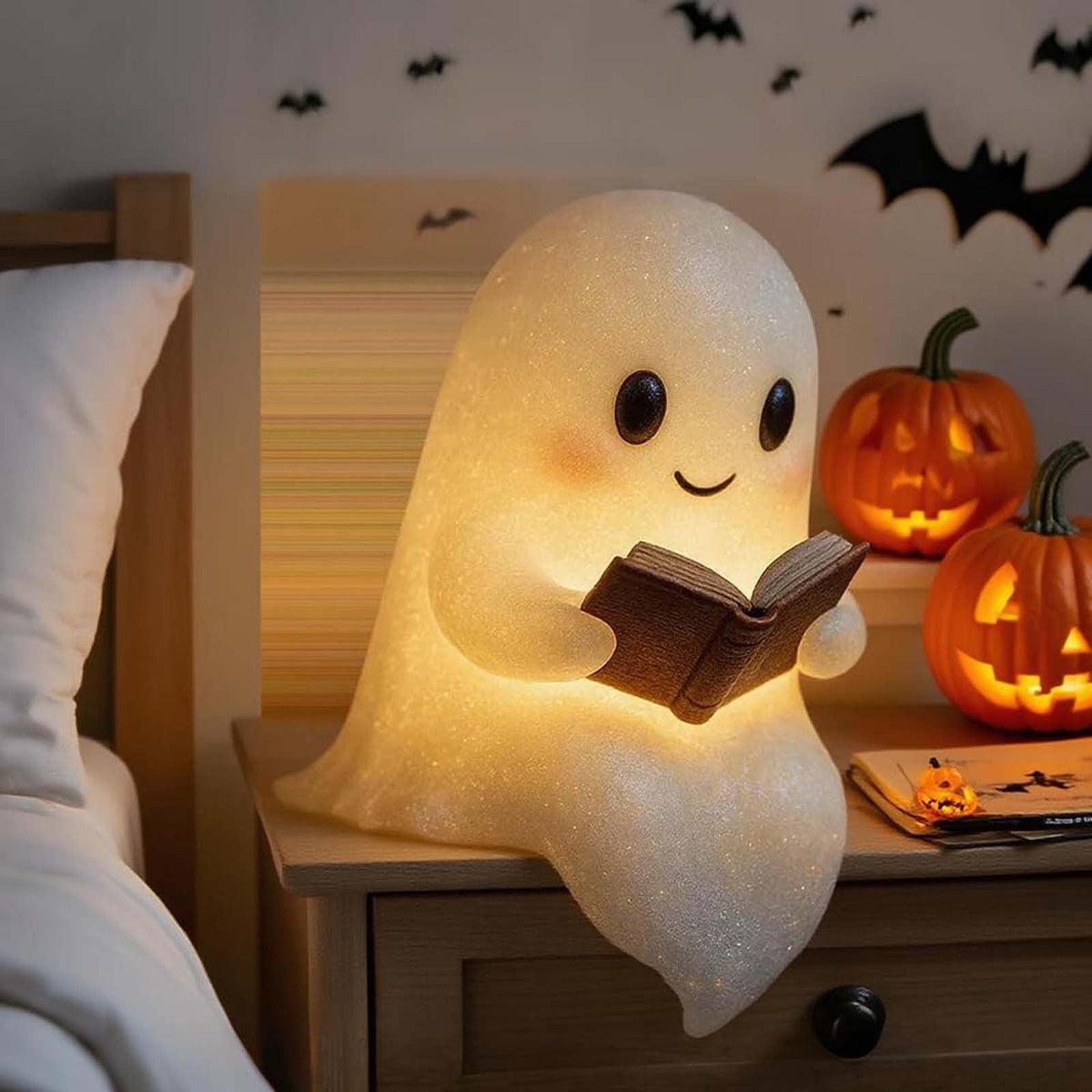 Ghost reading night light in a Halloween pumpkin display